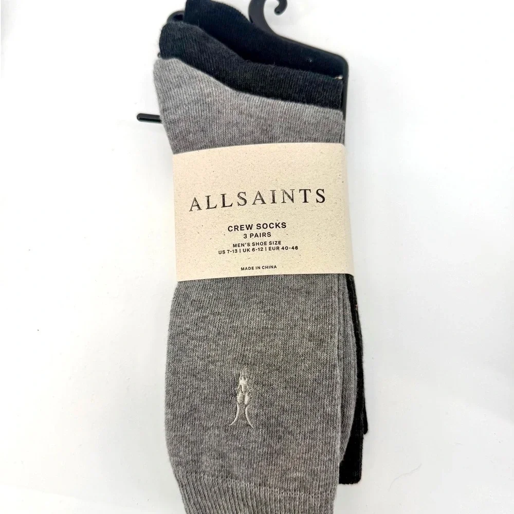 AllSaints Mens 3 Pack Crew Socks Black Grey Charcoal Ramskull Logo NWT Size 7-13